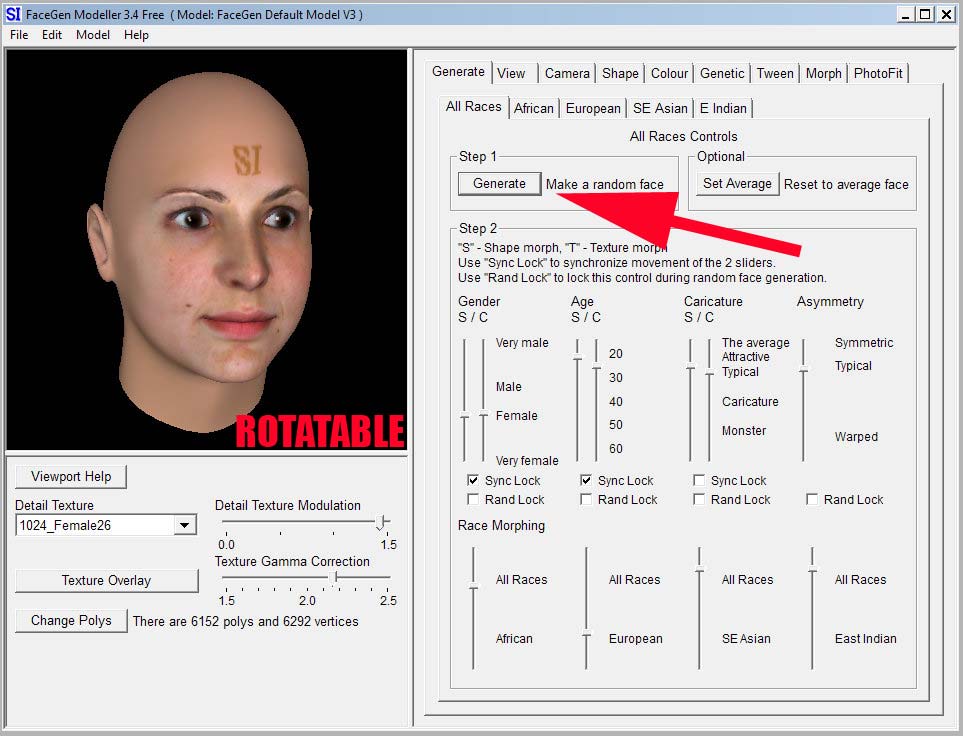 A FaceGen preview head has full 3D rotation and tilt, and basic zoom